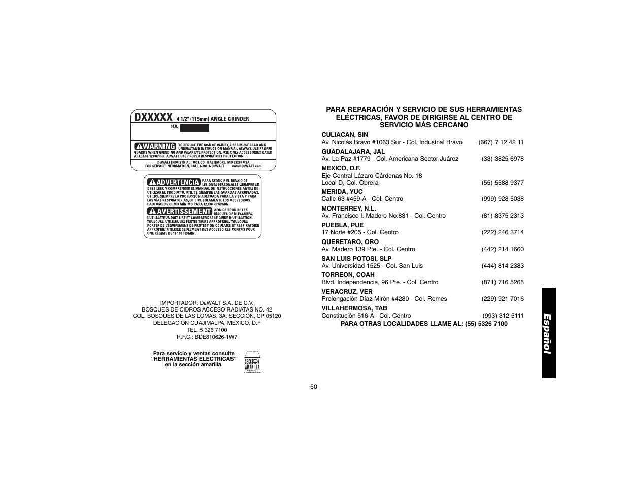 Español | DeWalt D28112 User Manual | Page 51 / 52