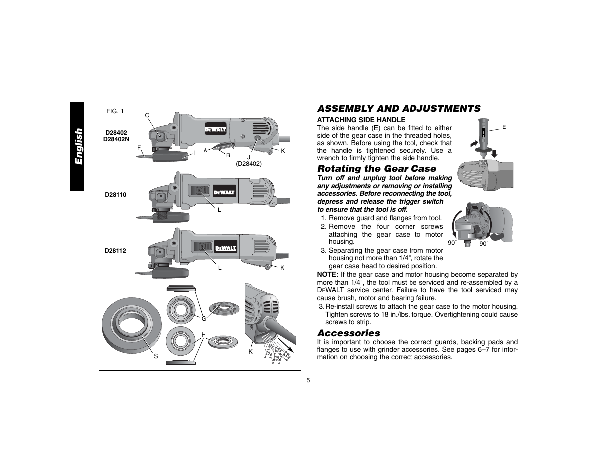 English, Assembly and adjustments, Rotating the gear case | Accessories | DeWalt D28112 User Manual | Page 6 / 52