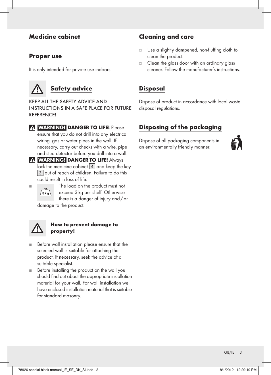 Medicine cabinet proper use, Safety advice, Cleaning and care | Disposal, Disposing of the packaging | Ordex T13728A/T13728B User Manual | Page 3 / 12