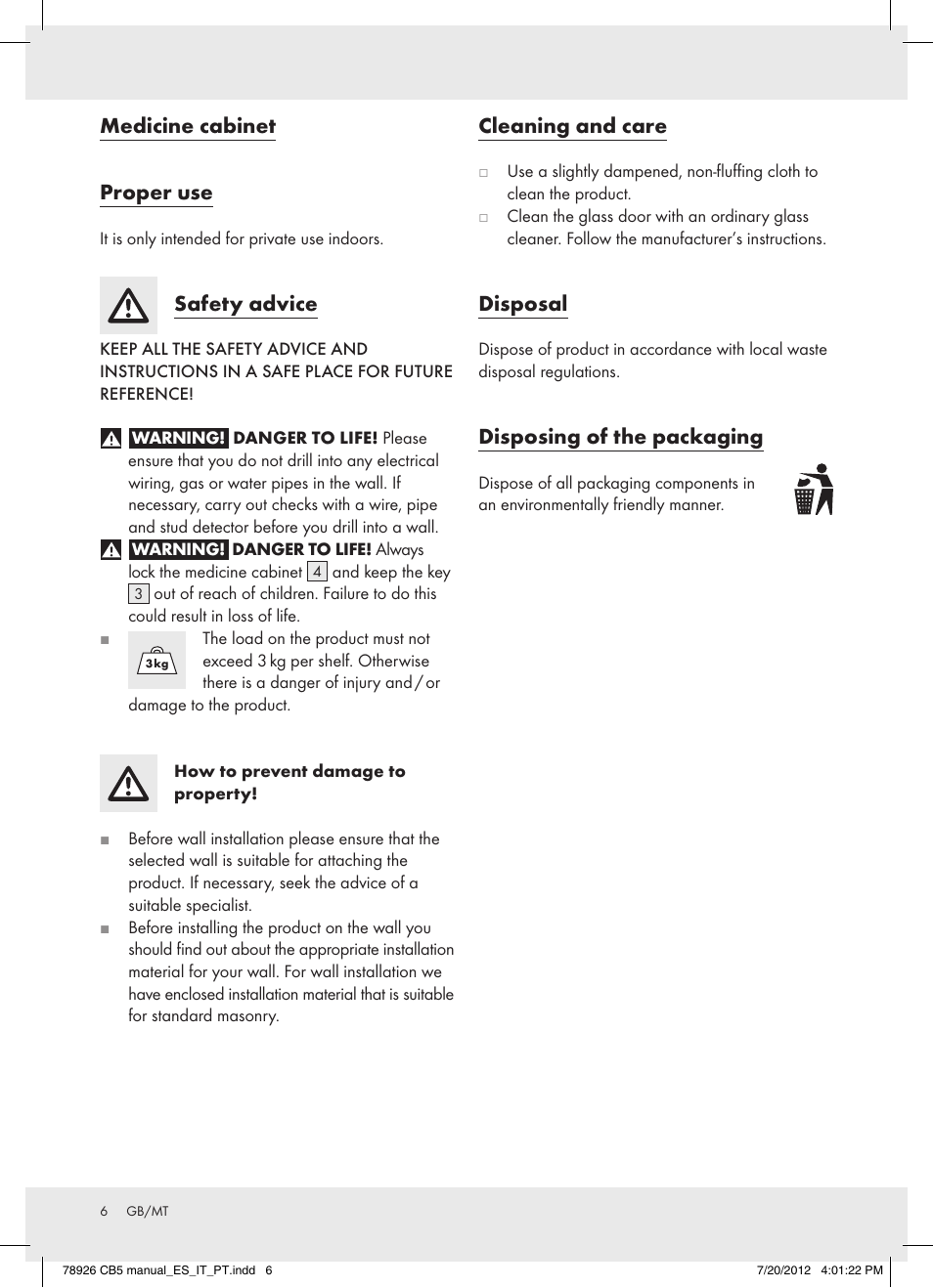 Medicine cabinet proper use, Safety advice, Cleaning and care | Disposal, Disposing of the packaging | Ordex T13728A/T13728B User Manual | Page 6 / 10
