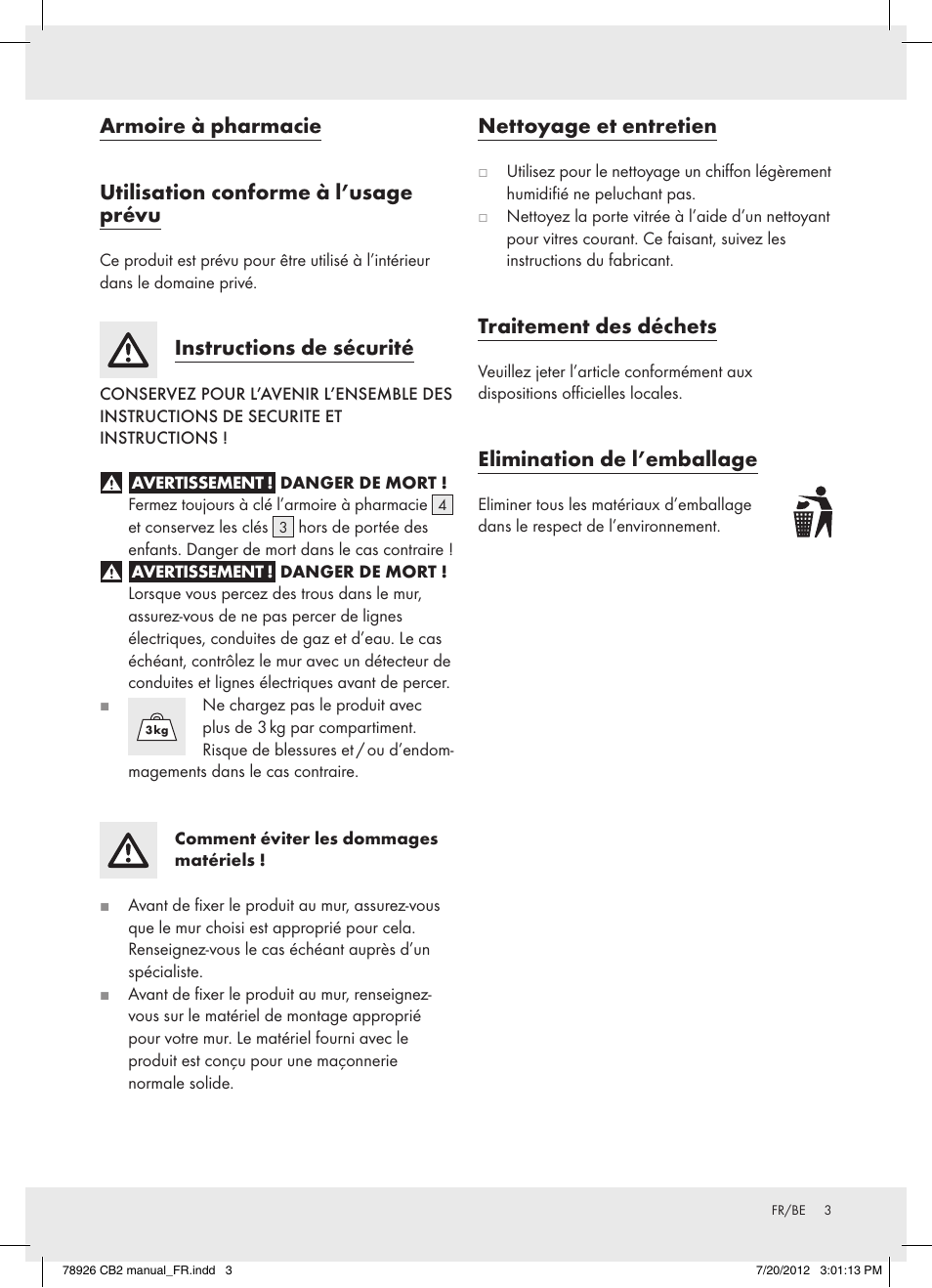 Instructions de sécurité, Nettoyage et entretien, Traitement des déchets | Elimination de l’emballage | Ordex T13728A/T13728B User Manual | Page 3 / 8