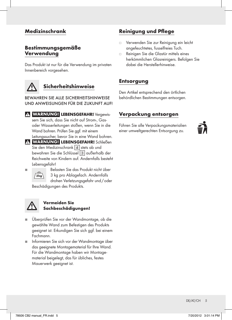 Medizinschrank bestimmungsgemäße verwendung, Sicherheitshinweise, Reinigung und pflege | Entsorgung, Verpackung entsorgen | Ordex T13728A/T13728B User Manual | Page 5 / 8