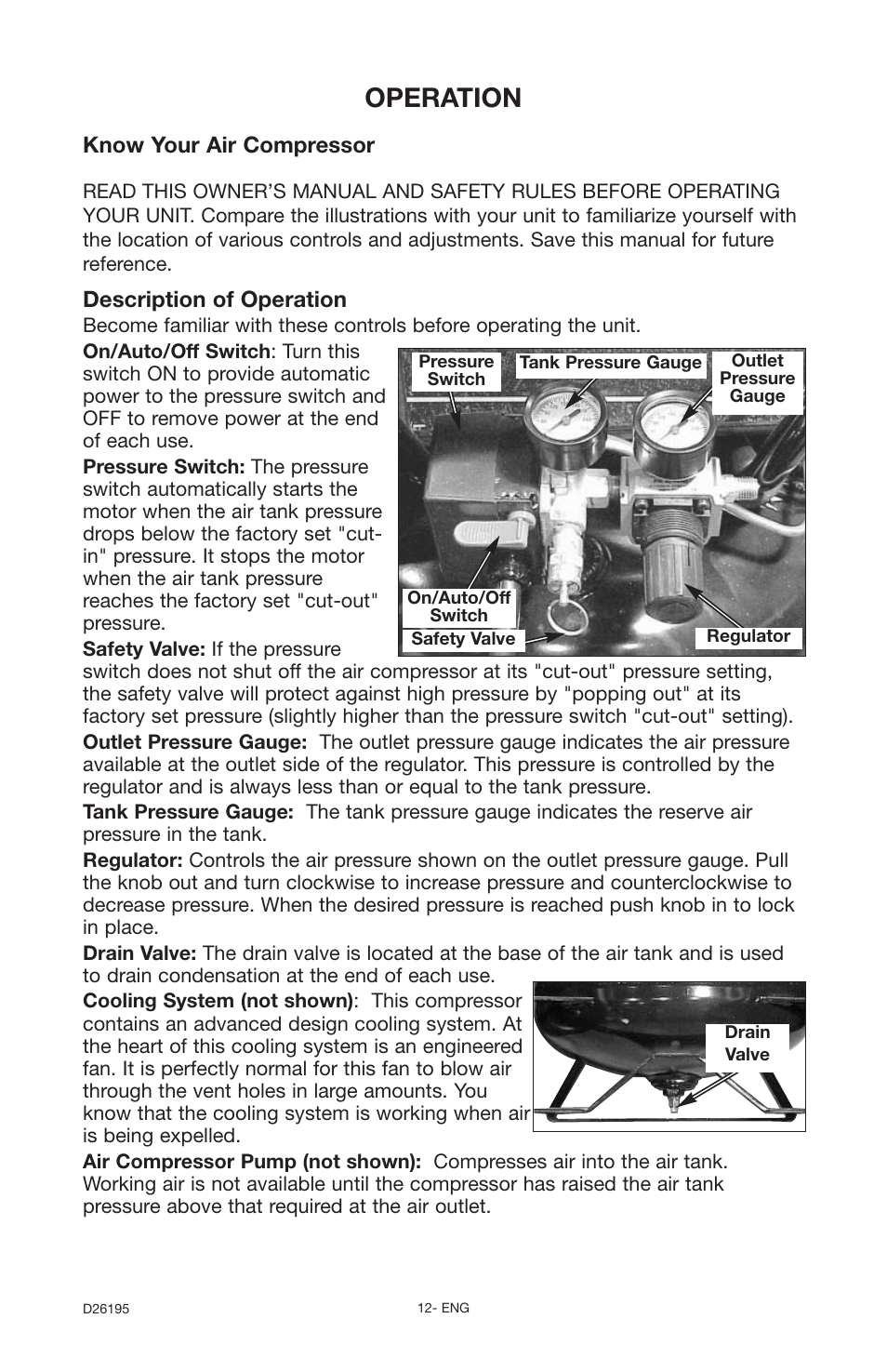 Operation, Description of operation, Know your air compressor | Delta Oil-Free 66-651 User Manual | Page 12 / 26