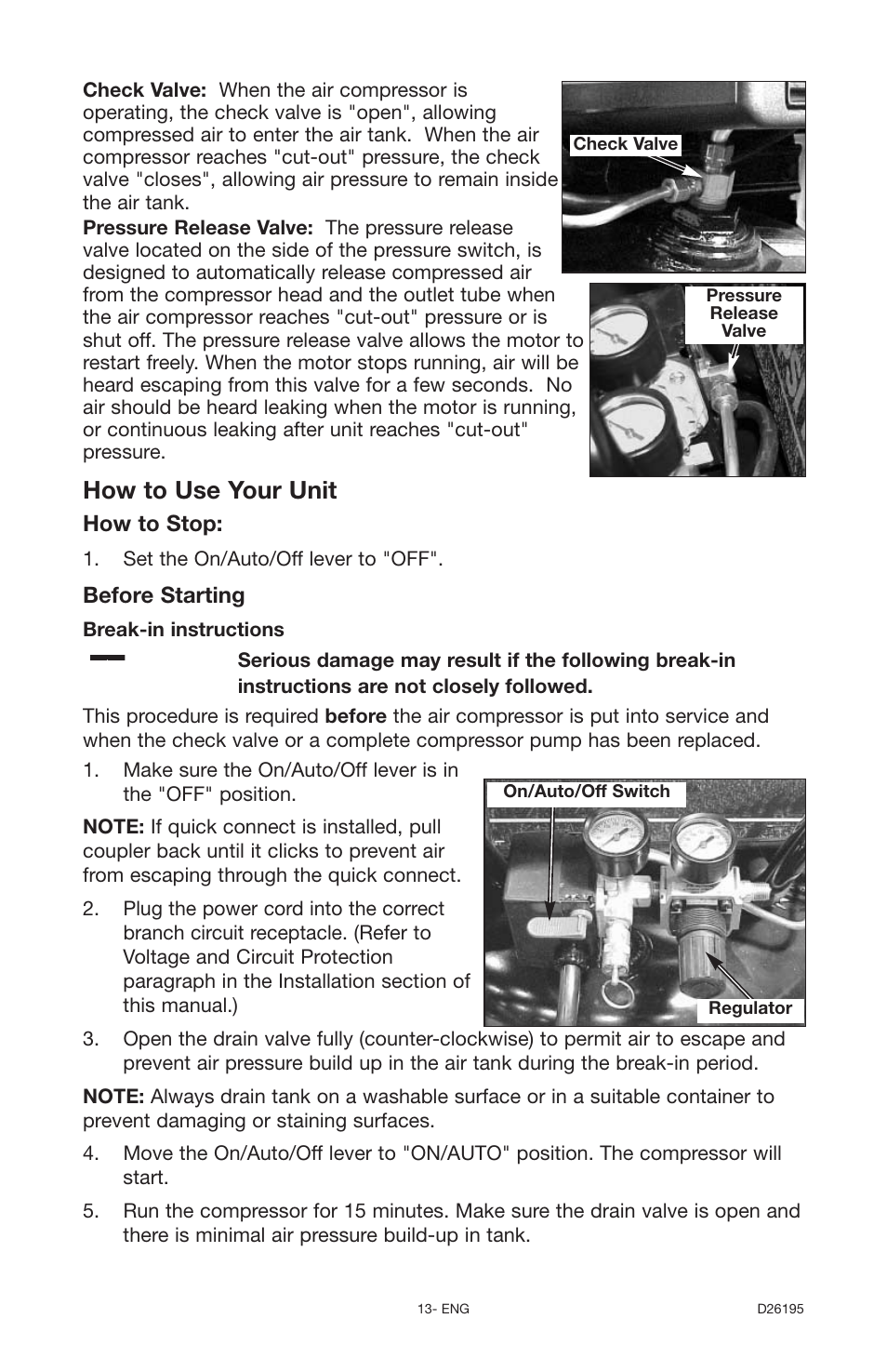 How to use your unit, How to stop, Before starting | Delta Oil-Free 66-651 User Manual | Page 13 / 26