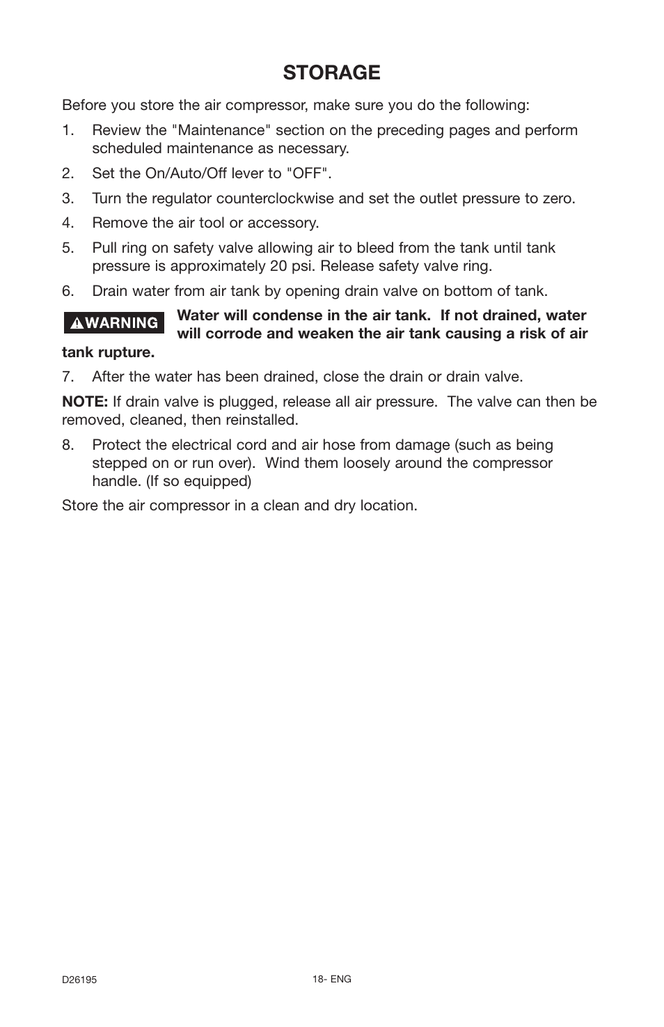 Storage | Delta Oil-Free 66-651 User Manual | Page 18 / 26