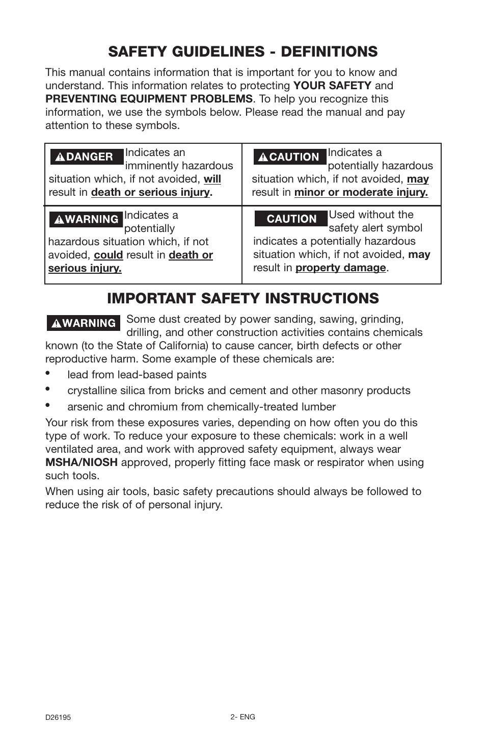 Safety guidelines - definitions, Important safety instructions | Delta Oil-Free 66-651 User Manual | Page 2 / 26