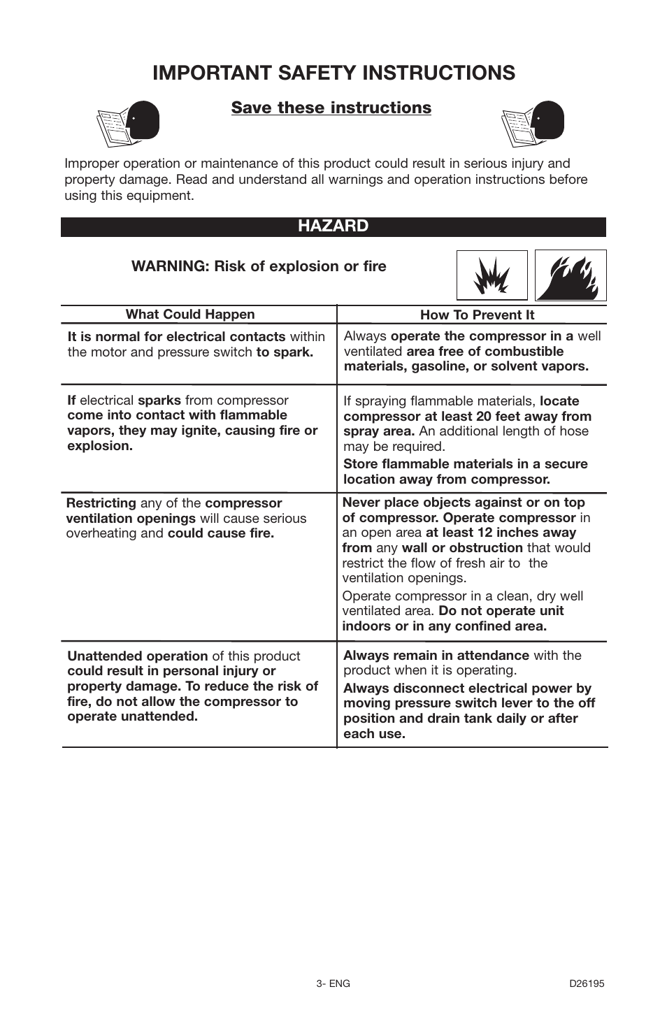 Important safety instructions, Save these instructions, Hazard | Delta Oil-Free 66-651 User Manual | Page 3 / 26