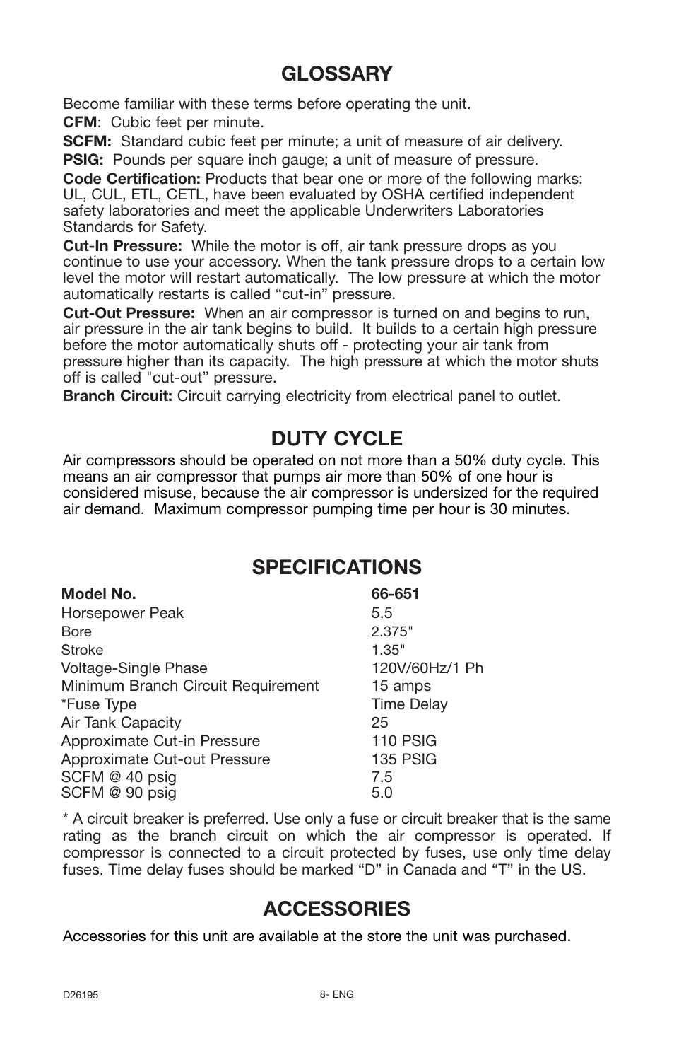 Glossary duty cycle, Accessories, Specifications | Delta Oil-Free 66-651 User Manual | Page 8 / 26