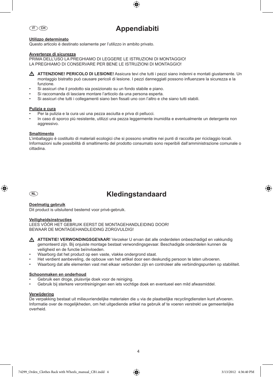 Appendiabiti, Kledingstandaard | Ordex T13828 User Manual | Page 5 / 6