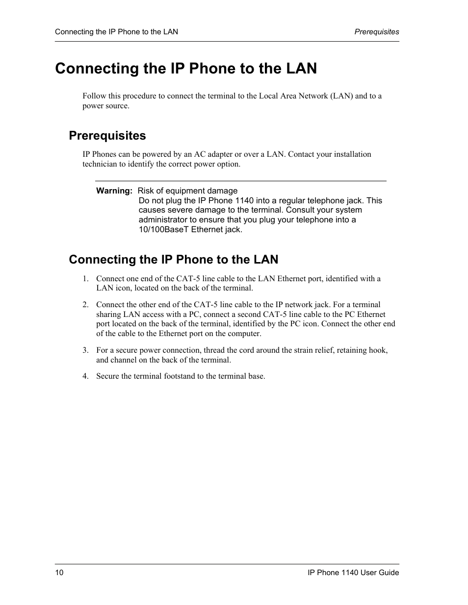 Connecting the ip phone to the lan, Prerequisites | Cypress Communications IP Phone 1140 User Manual | Page 10 / 43