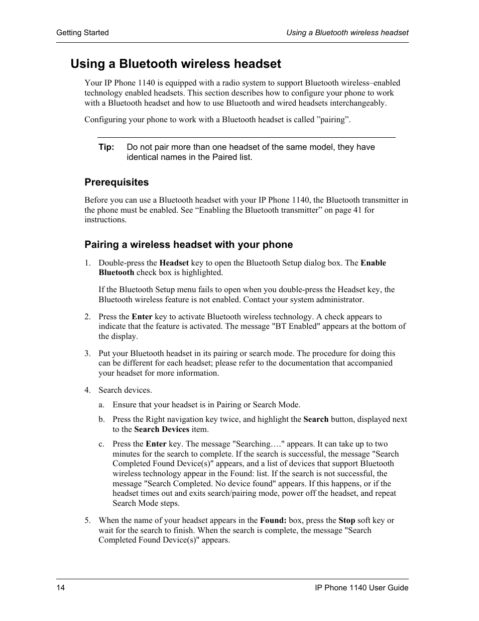 Using a bluetooth wireless headset, Prerequisites, Pairing a wireless headset with your phone | Cypress Communications IP Phone 1140 User Manual | Page 14 / 43
