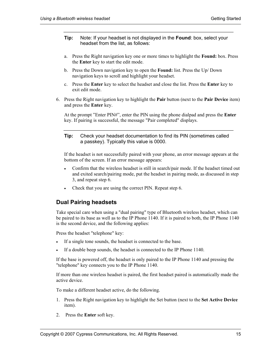 Dual pairing headsets | Cypress Communications IP Phone 1140 User Manual | Page 15 / 43