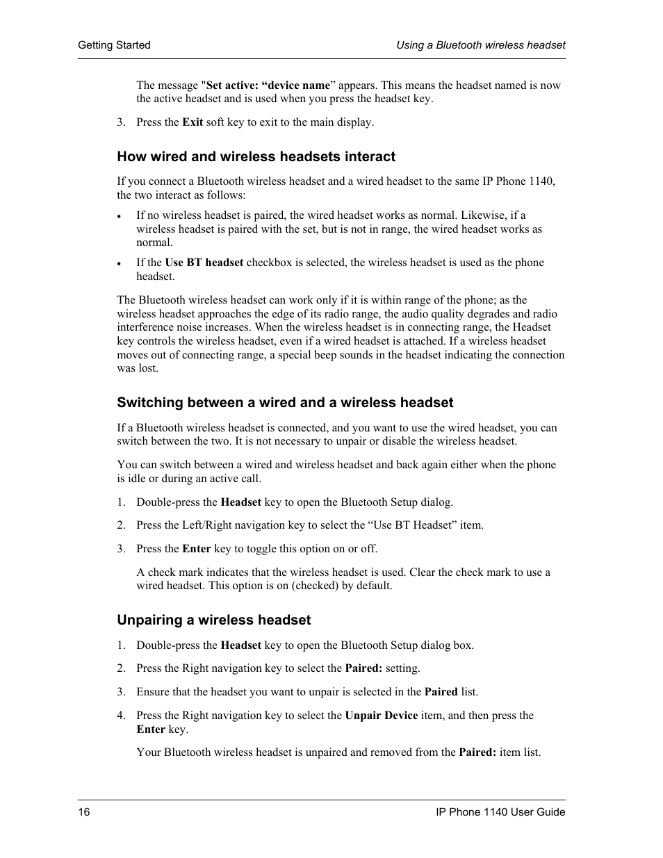 How wired and wireless headsets interact, Switching between a wired and a wireless headset, Unpairing a wireless headset | Cypress Communications IP Phone 1140 User Manual | Page 16 / 43