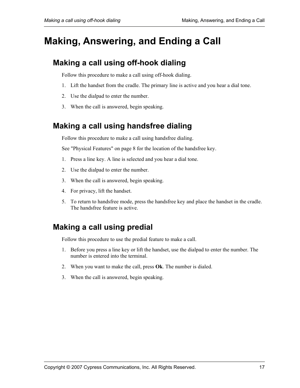 Making, answering, and ending a call, Making a call using off-hook dialing, Making a call using handsfree dialing | Making a call using predial | Cypress Communications IP Phone 1140 User Manual | Page 17 / 43