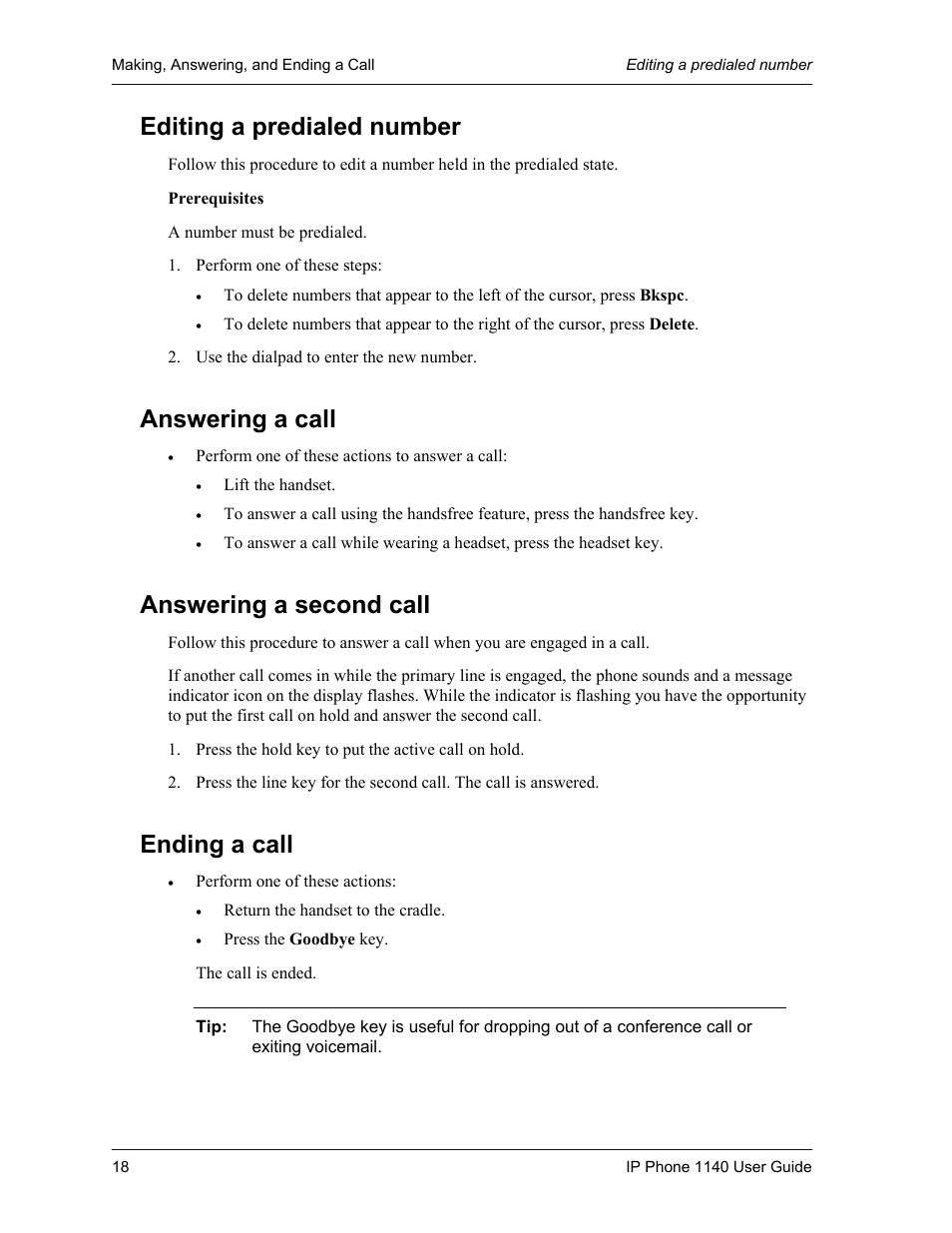 Editing a predialed number, Answering a call, Answering a second call | Ending a call | Cypress Communications IP Phone 1140 User Manual | Page 18 / 43