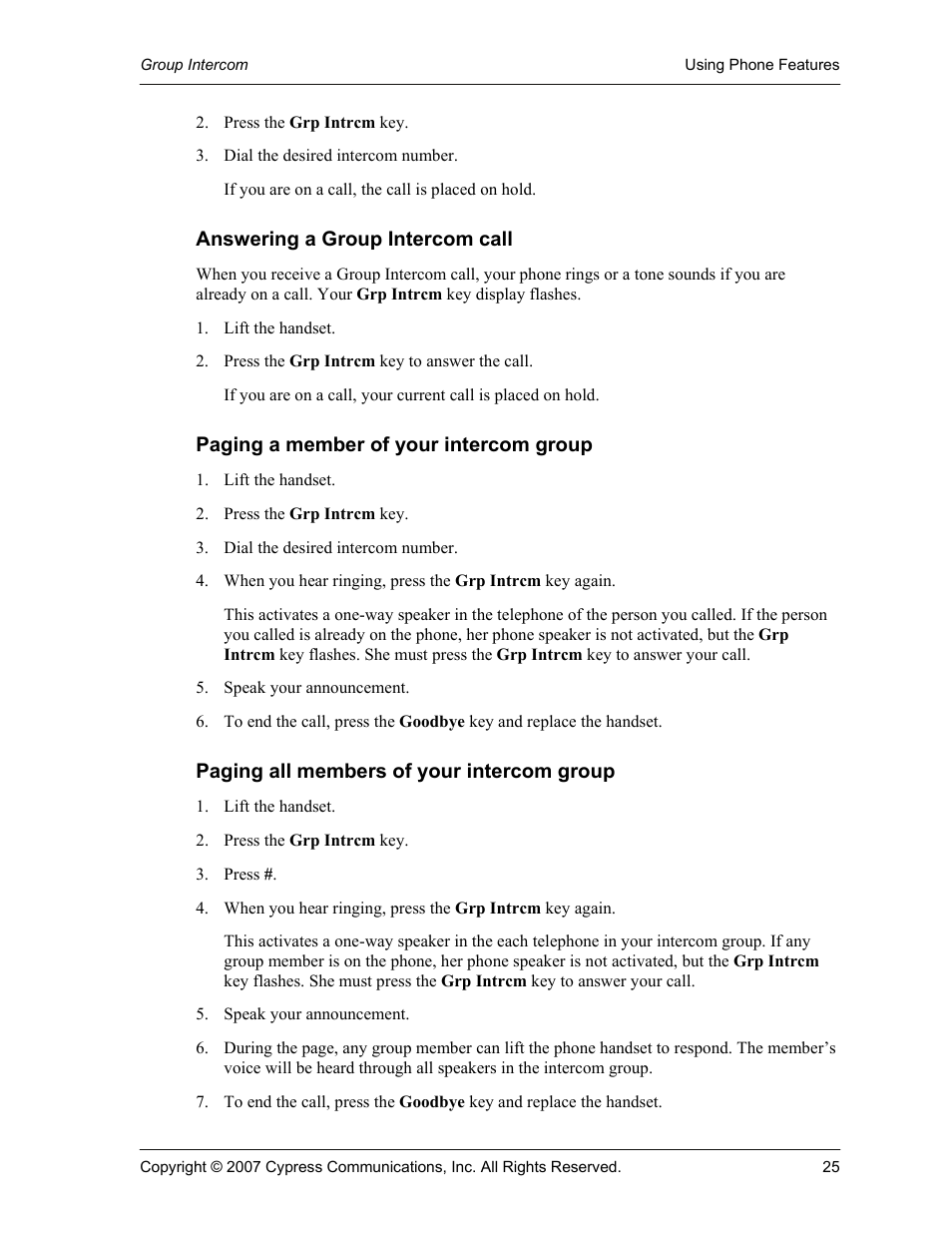 Answering a group intercom call, Paging a member of your intercom group, Paging all members of your intercom group | Cypress Communications IP Phone 1140 User Manual | Page 25 / 43