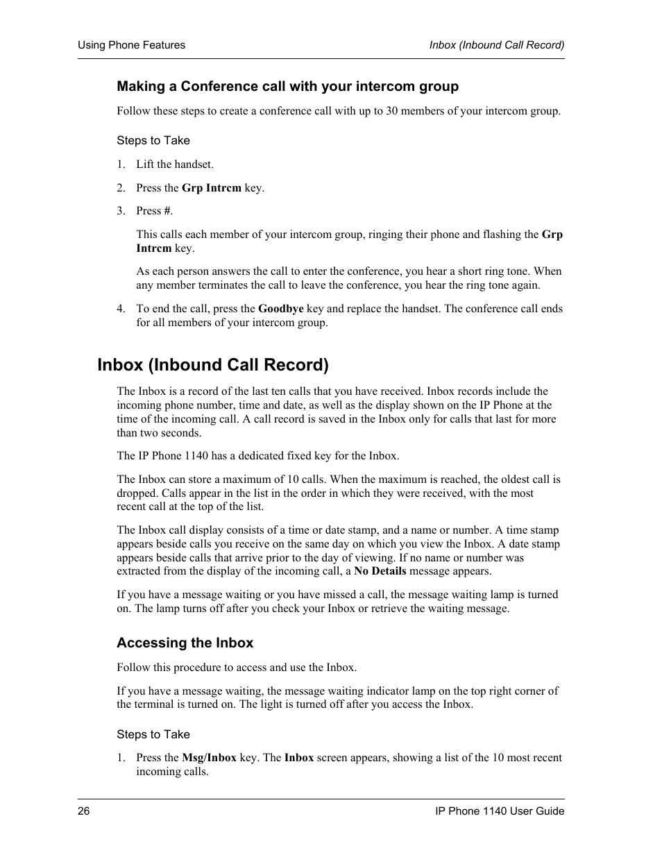 Making a conference call with your intercom group, Steps to take, Inbox (inbound call record) | Accessing the inbox | Cypress Communications IP Phone 1140 User Manual | Page 26 / 43