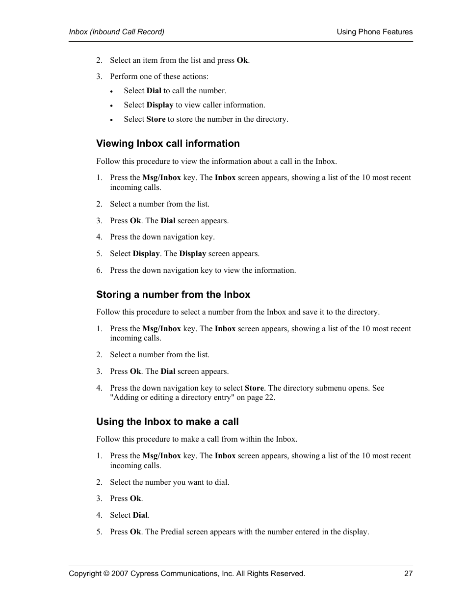 Viewing inbox call information, Storing a number from the inbox, Using the inbox to make a call | Cypress Communications IP Phone 1140 User Manual | Page 27 / 43