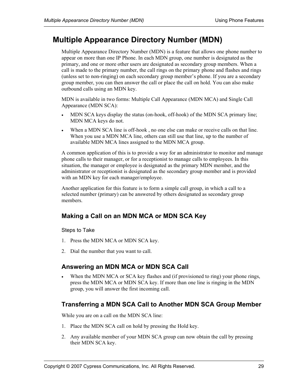 Multiple appearance directory number (mdn), Making a call on an mdn mca or mdn sca key, Steps to take | Answering an mdn mca or mdn sca call | Cypress Communications IP Phone 1140 User Manual | Page 29 / 43