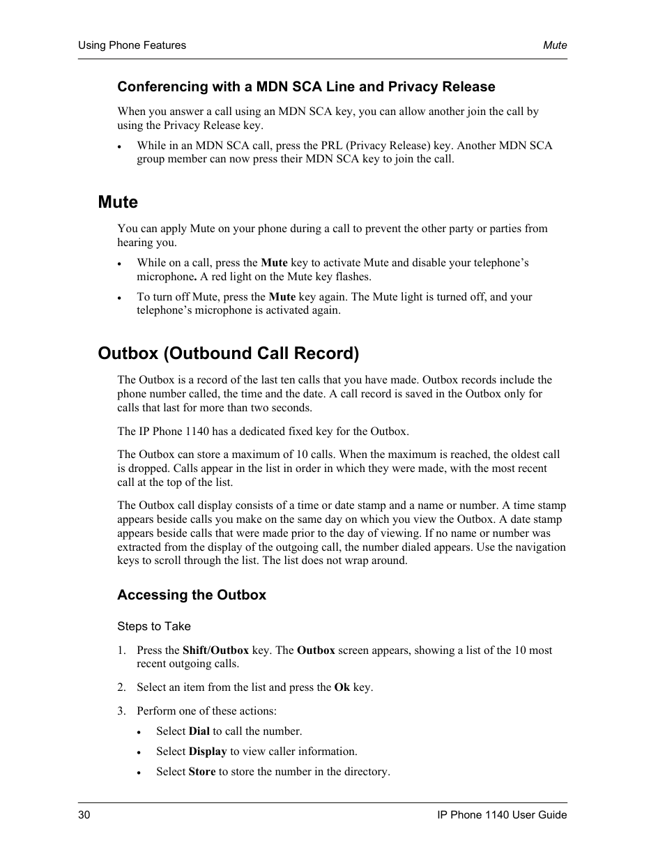 Mute, Outbox (outbound call record), Accessing the outbox | Steps to take | Cypress Communications IP Phone 1140 User Manual | Page 30 / 43