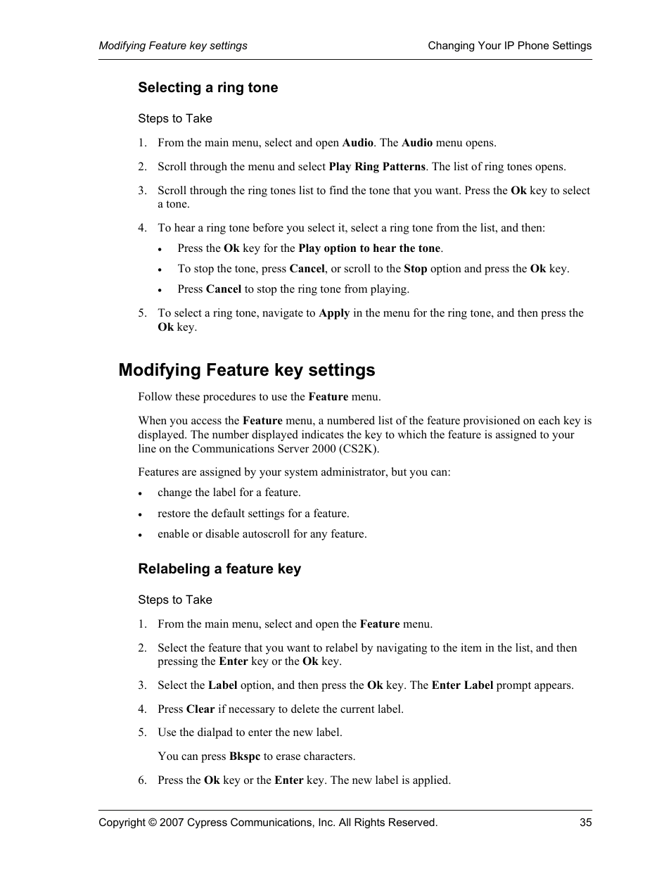 Selecting a ring tone, Steps to take, Modifying feature key settings | Relabeling a feature key | Cypress Communications IP Phone 1140 User Manual | Page 35 / 43