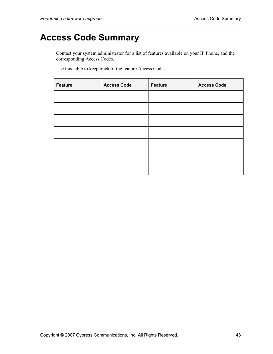 Access code summary | Cypress Communications IP Phone 1140 User Manual | Page 43 / 43