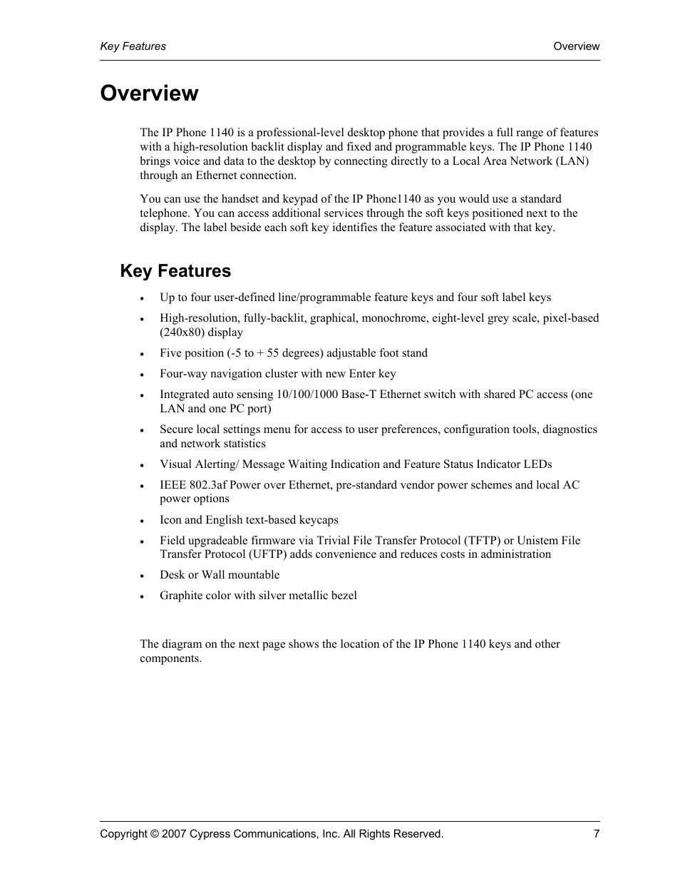 Overview, Key features | Cypress Communications IP Phone 1140 User Manual | Page 7 / 43