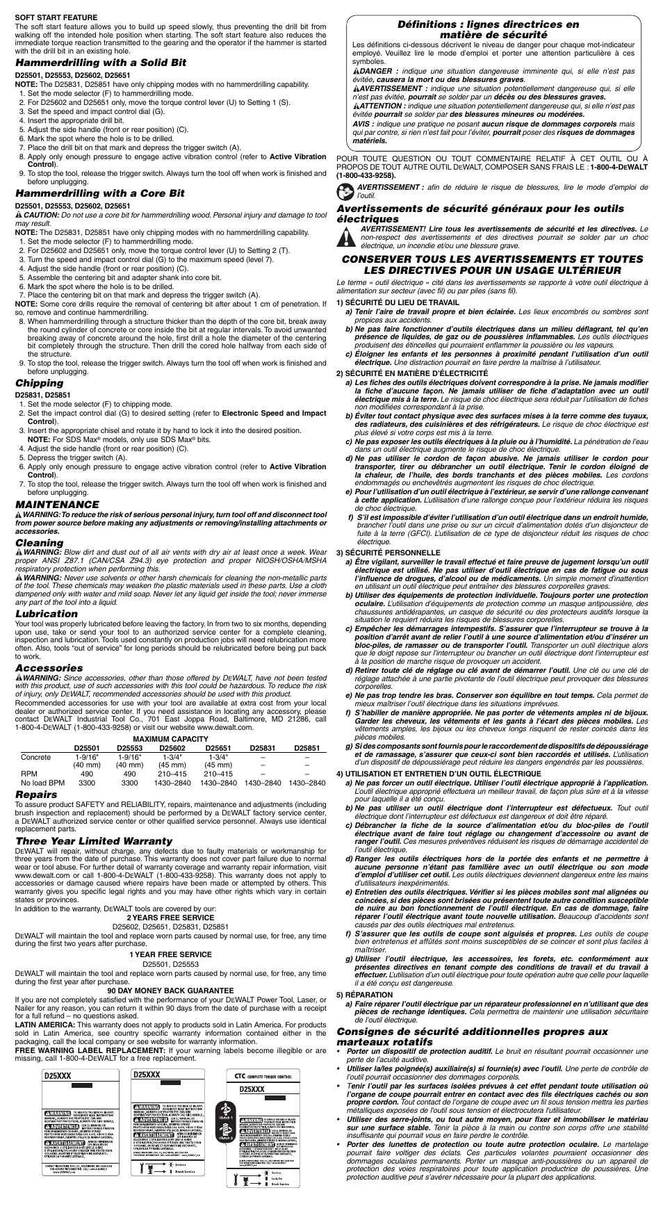 Hammerdrilling with a solid bit, Hammerdrilling with a core bit, Chipping | Maintenance, Cleaning, Lubrication, Accessories, Repairs, Three year limited warranty | DeWalt D25851 User Manual | Page 3 / 7