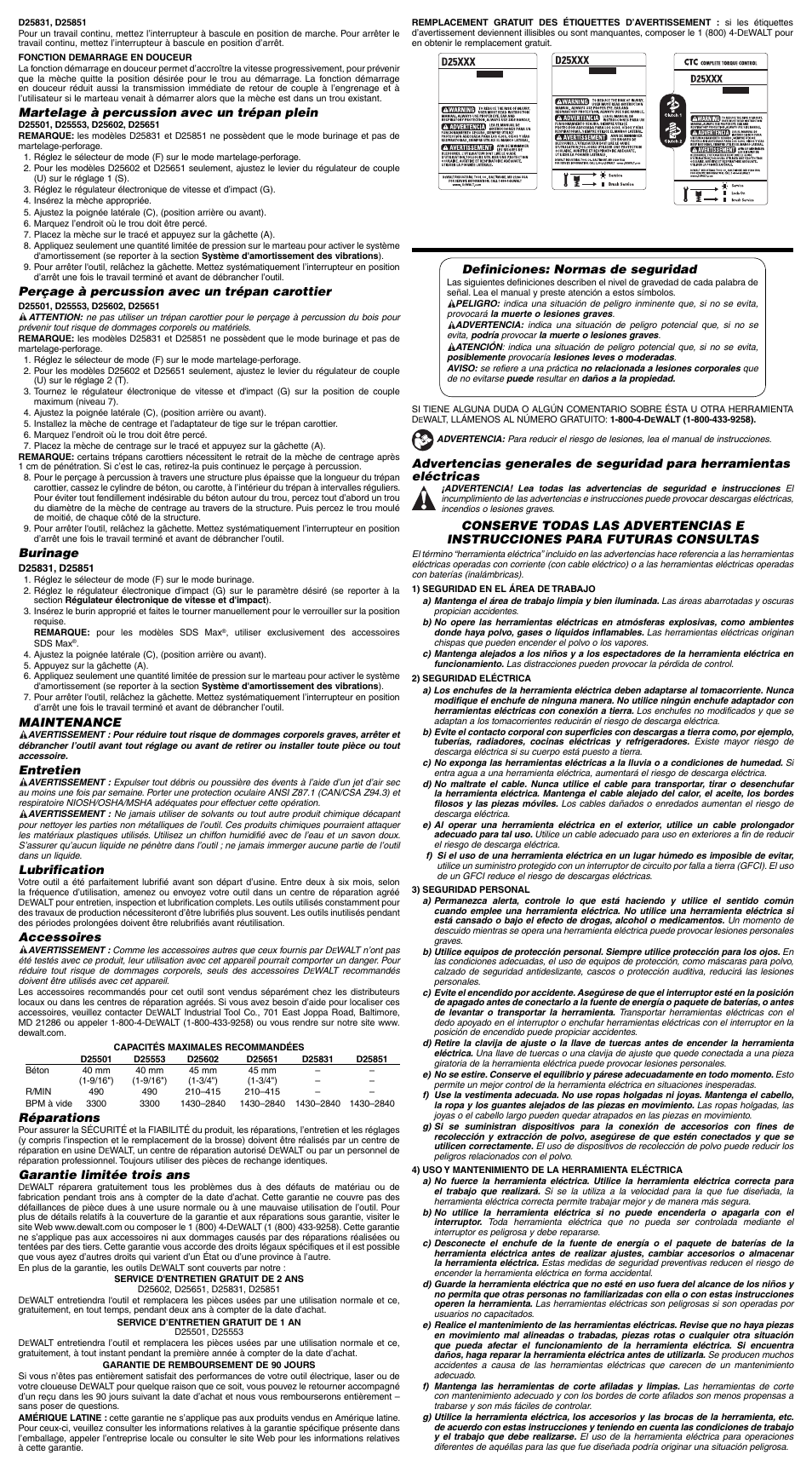 Definiciones: normas de seguridad, Martelage à percussion avec un trépan plein, Perçage à percussion avec un trépan carottier | Burinage, Maintenance, Entretien, Lubrification, Accessoires, Réparations, Garantie limitée trois ans | DeWalt D25851 User Manual | Page 5 / 7
