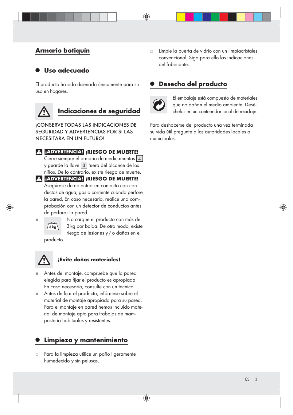 Armario botiquín, Uso adecuado, Indicaciones de seguridad | Limpieza y mantenimiento, Desecho del producto | Ordex T13728A User Manual | Page 3 / 10