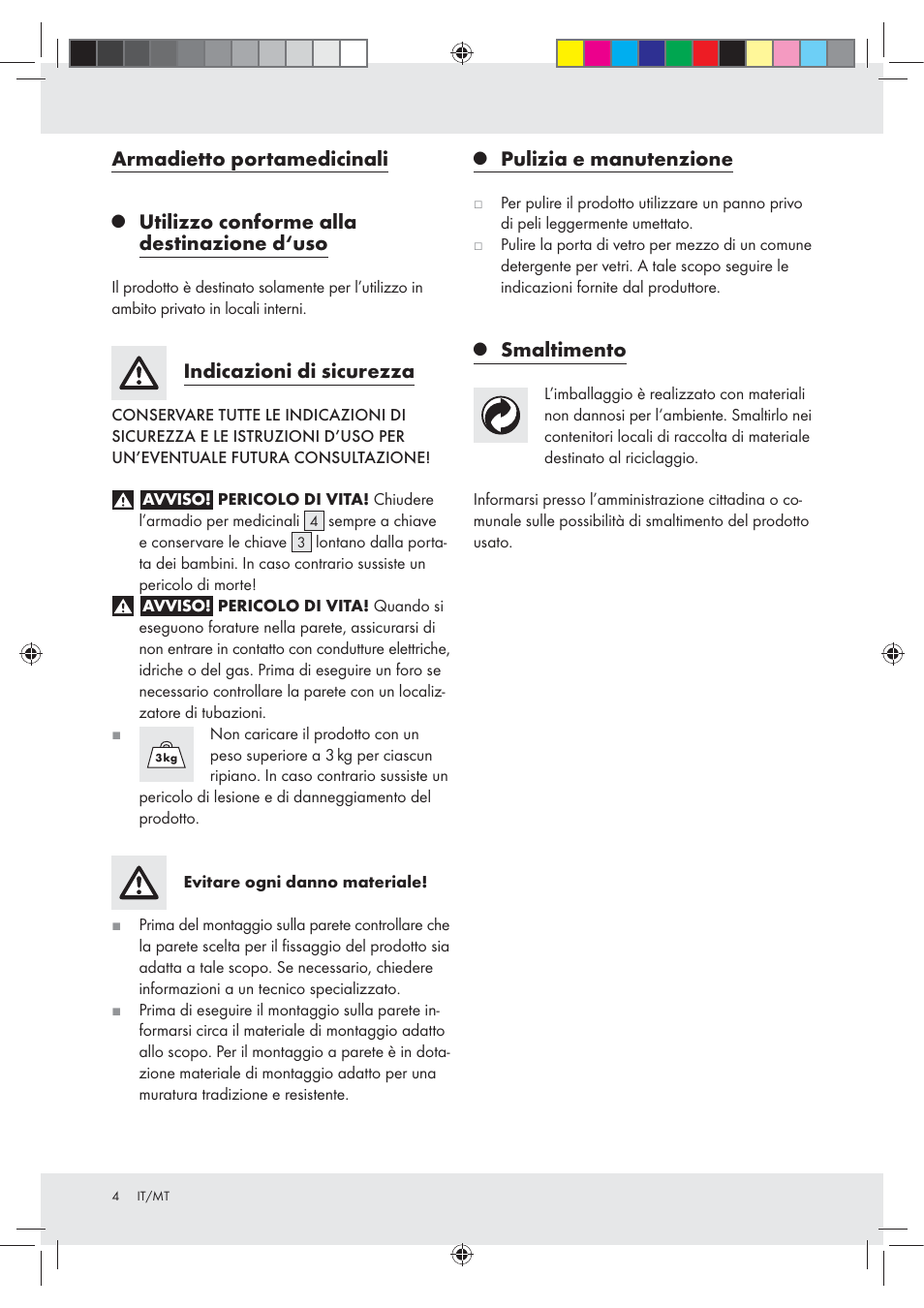 Armadietto portamedicinali, Utilizzo conforme alla destinazione d‘uso, Indicazioni di sicurezza | Pulizia e manutenzione, Smaltimento | Ordex T13728A User Manual | Page 4 / 10