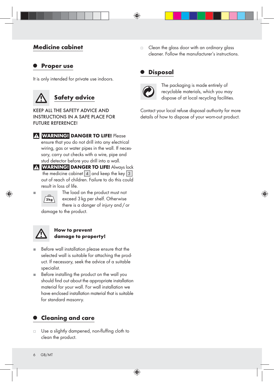 Medicine cabinet, Proper use, Safety advice | Cleaning and care, Disposal | Ordex T13728A User Manual | Page 6 / 10