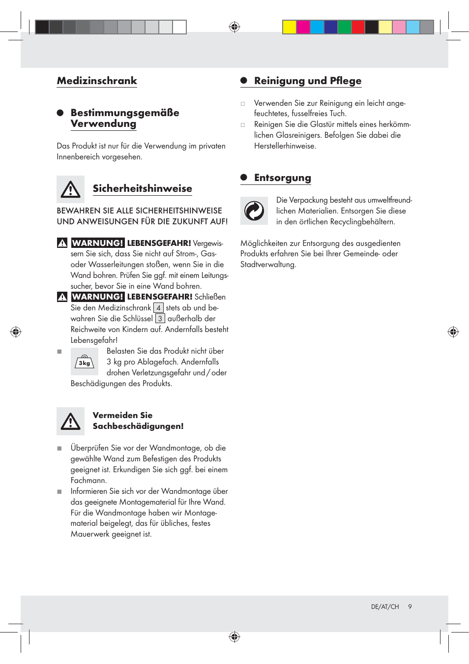 Medizinschrank, Bestimmungsgemäße verwendung, Sicherheitshinweise | Reinigung und pﬂege, Entsorgung | Ordex T13728A User Manual | Page 9 / 12