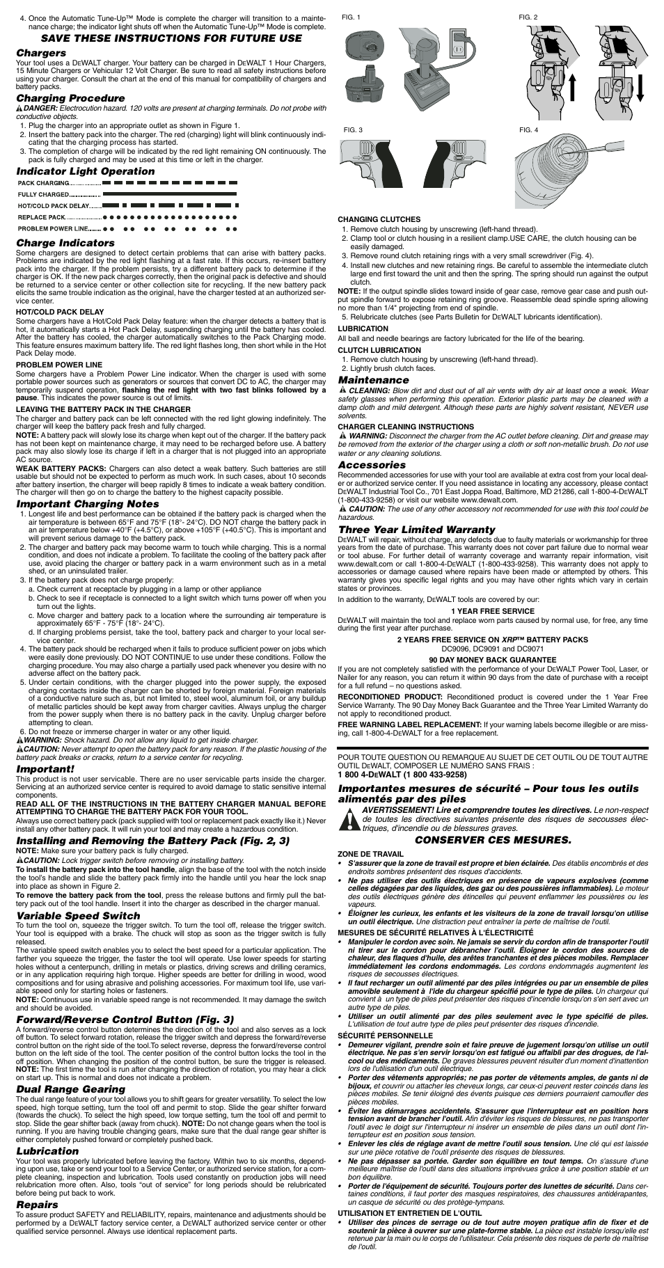 Save these instructions for future use chargers, Charging procedure, Indicator light operation charge indicators | Important, Variable speed switch, Forward/reverse control button (fig. 3), Dual range gearing, Lubrication, Repairs, Maintenance | DeWalt DW998QD User Manual | Page 2 / 6