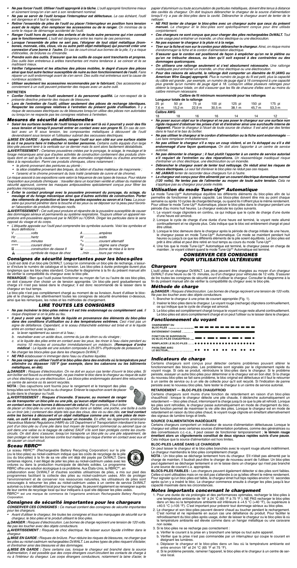 Utilisation du mode tune-up, Automatique, Méthode de charge | Fonctionnement du voyant indicateurs de charge, Mesures de sécurité additionnelles, Lire toutes les consignes, Sceau rbrc | DeWalt DW998QD User Manual | Page 3 / 6