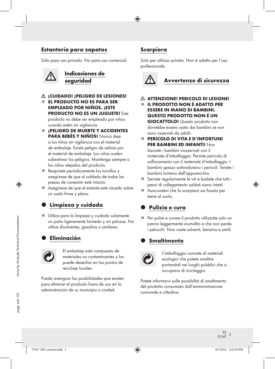 77627 cb5 content, Estantería para zapatos, Indicaciones de seguridad | Z limpieza y cuidado, Z eliminación, Scarpiera, Avvertenze di sicurezza, Z pulizia e cura, Z smaltimento | Ordex Z15476 User Manual | Page 3 / 8