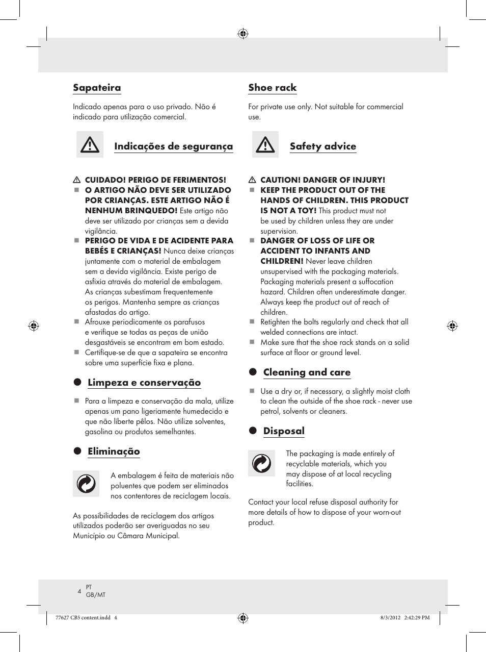Sapateira, Indicações de segurança, Z limpeza e conservação | Z eliminação, Shoe rack, Safety advice, Z cleaning and care, Z disposal | Ordex Z15476 User Manual | Page 4 / 8