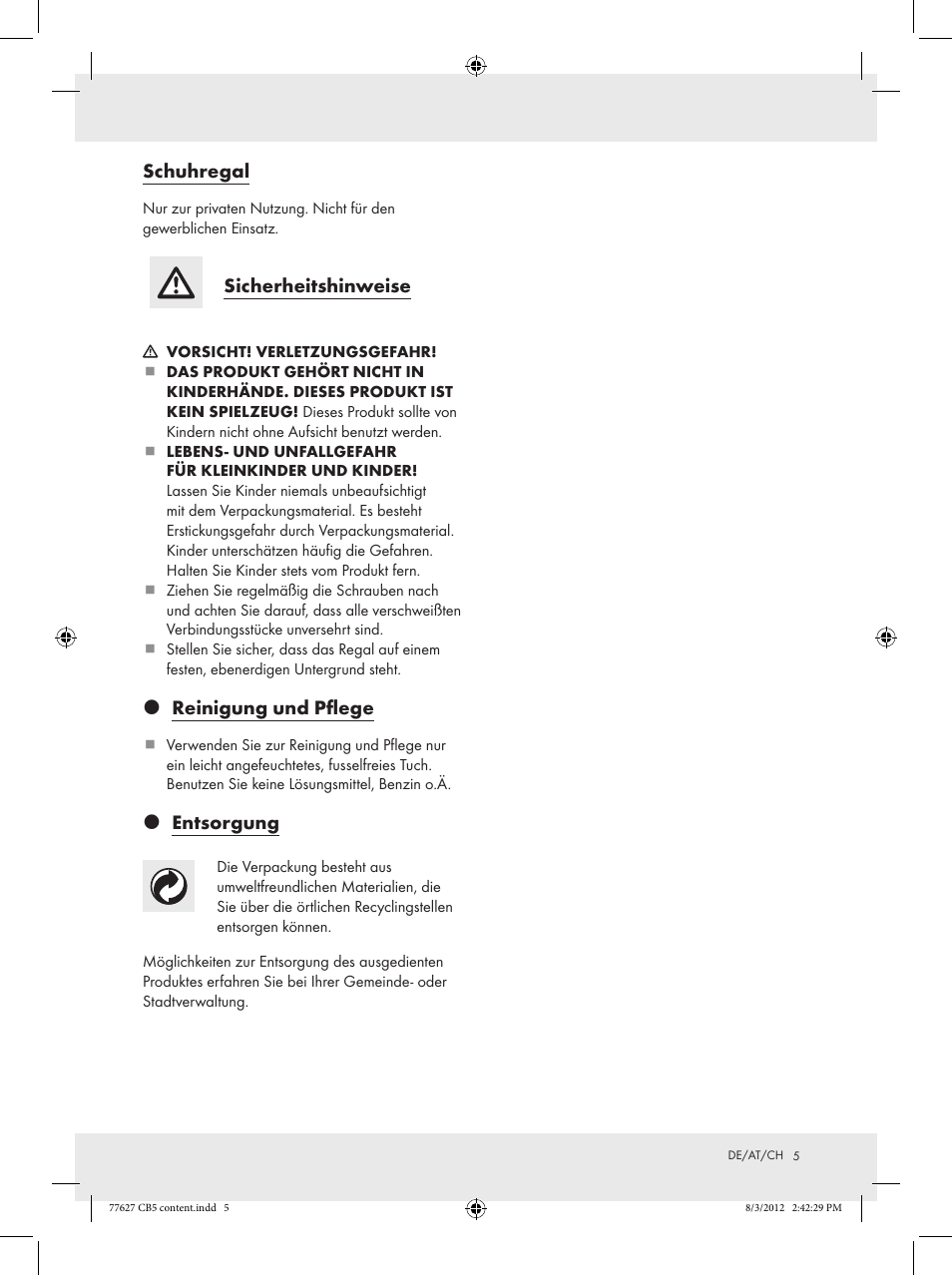 Schuhregal, Sicherheitshinweise, Z reinigung und pflege | Z entsorgung | Ordex Z15476 User Manual | Page 5 / 8