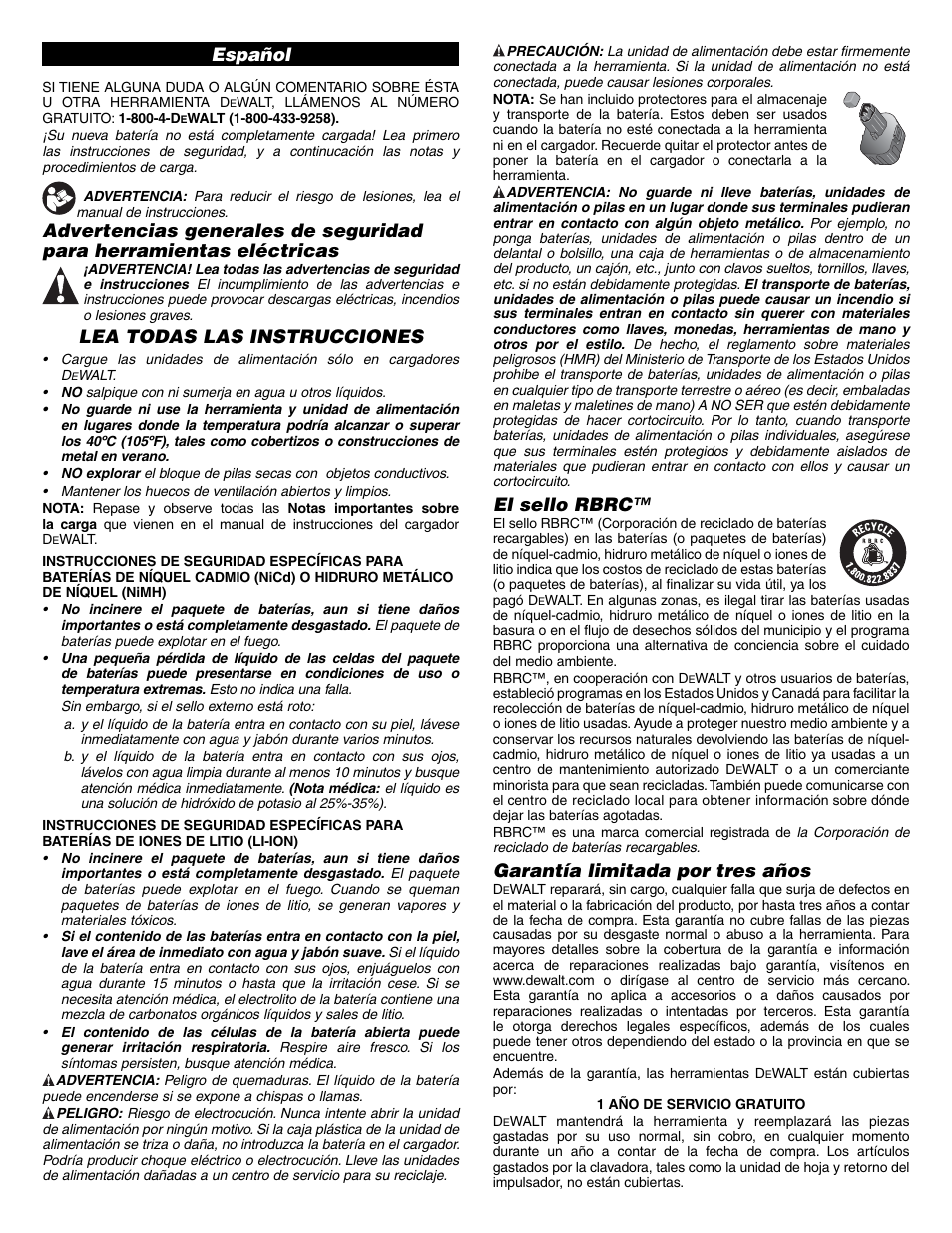 El sello rbrc, Garantía limitada por tres años, Español | Lea todas las instrucciones | DeWalt RBRC DC9094 User Manual | Page 3 / 4