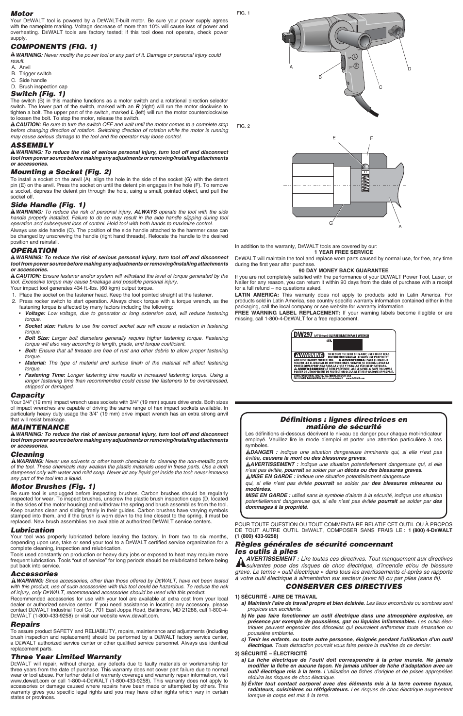 Motor, Components (fig. 1), Switch (fig. 1) | Assembly, Mounting a socket (fig. 2), Side handle (fig. 1), Operation, Capacity, Maintenance, Cleaning | DeWalt DW297 User Manual | Page 2 / 6