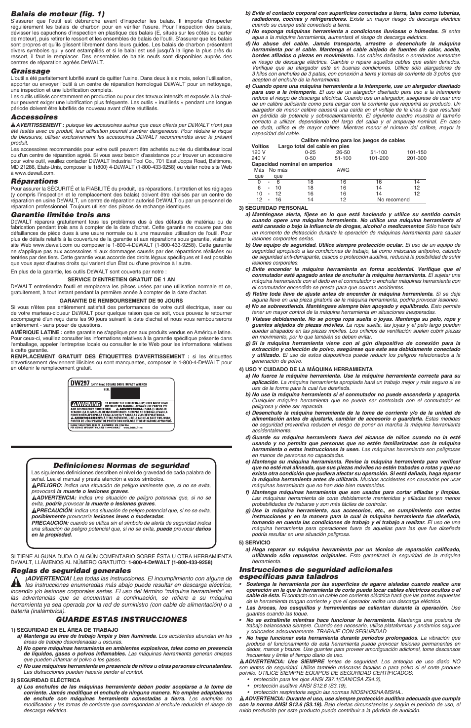 Balais de moteur (fig. 1), Graissage, Accessoires | Réparations, Garantie limitée trois ans, Definiciones: normas de seguridad, Reglas de seguridad generales, Guarde estas instrucciones | DeWalt DW297 User Manual | Page 4 / 6