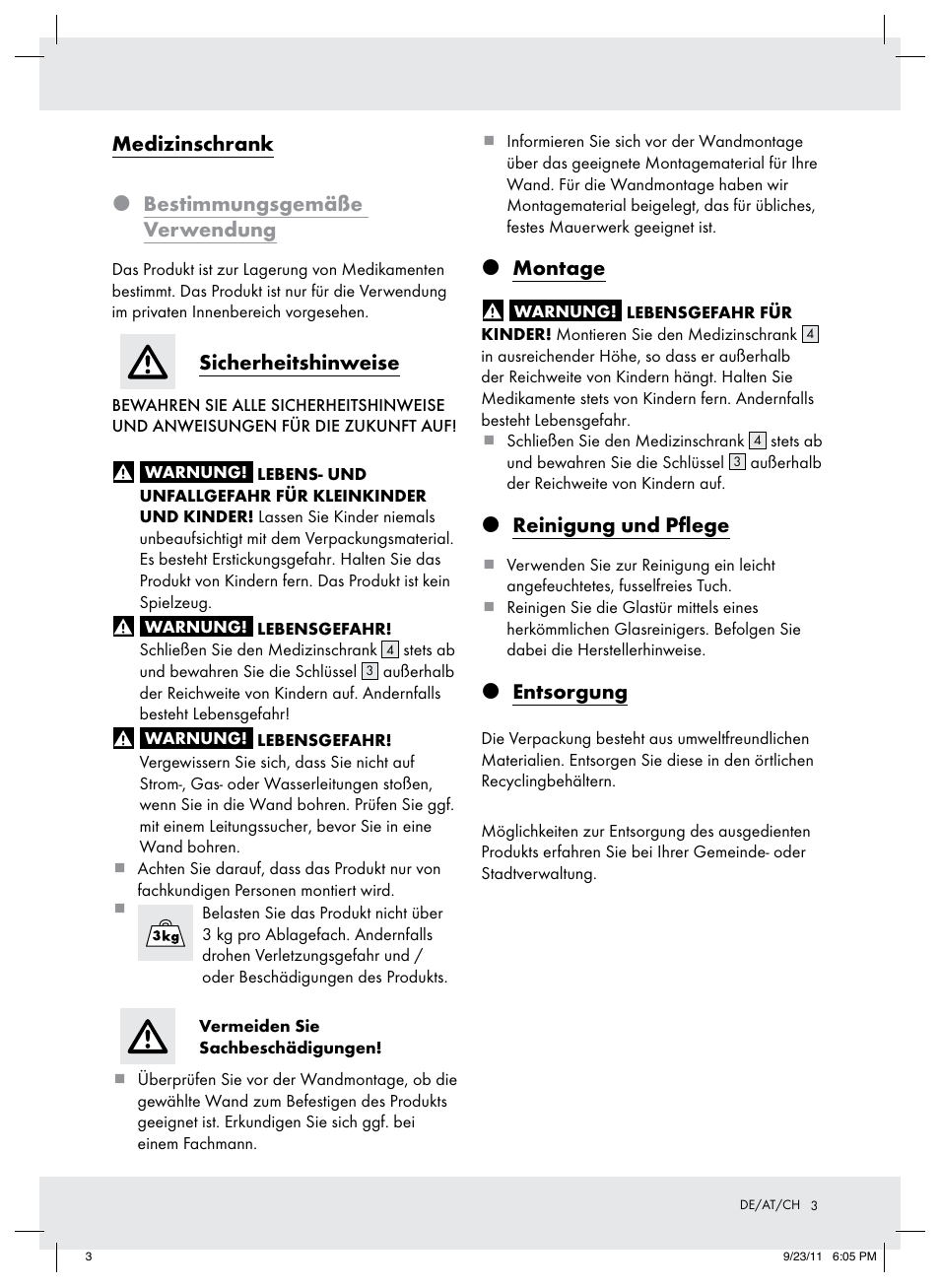 Medizinschrank  bestimmungsgemäße verwendung, Sicherheitshinweise, Montage | Reinigung und pflege, Entsorgung | Ordex T13728A T13728B User Manual | Page 3 / 8