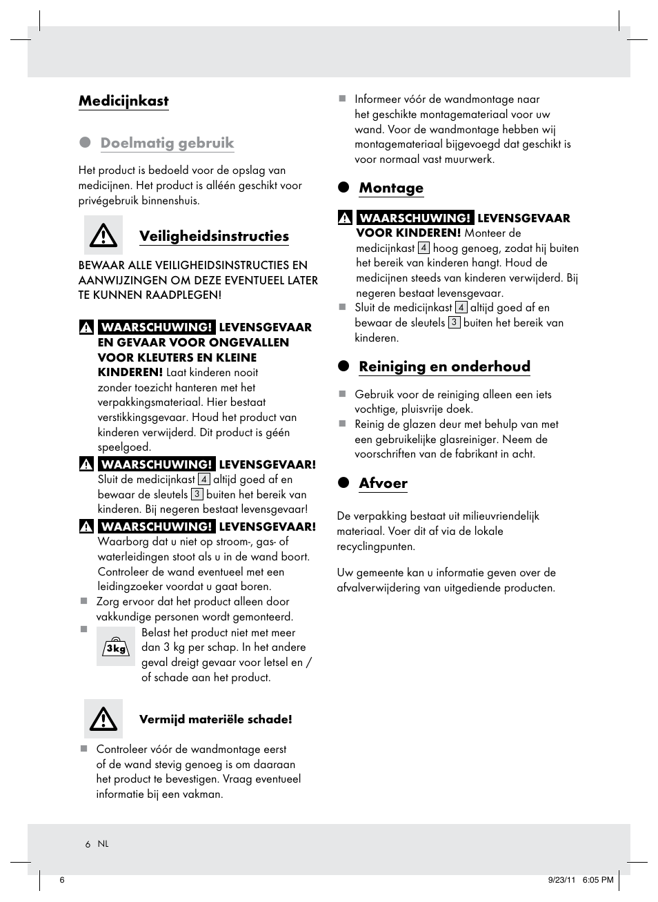 Medicijnkast  doelmatig gebruik, Veiligheidsinstructies, Montage | Reiniging en onderhoud, Afvoer | Ordex T13728A T13728B User Manual | Page 6 / 8