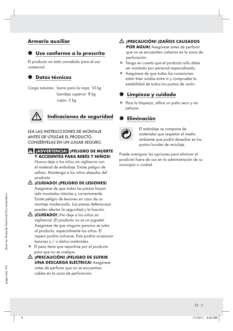 Armario auxiliar z uso conforme a lo prescrito, Z datos técnicos, Indicaciones de seguridad | Z limpieza y cuidado, Z eliminación | Ordex Z29776 User Manual | Page 3 / 9