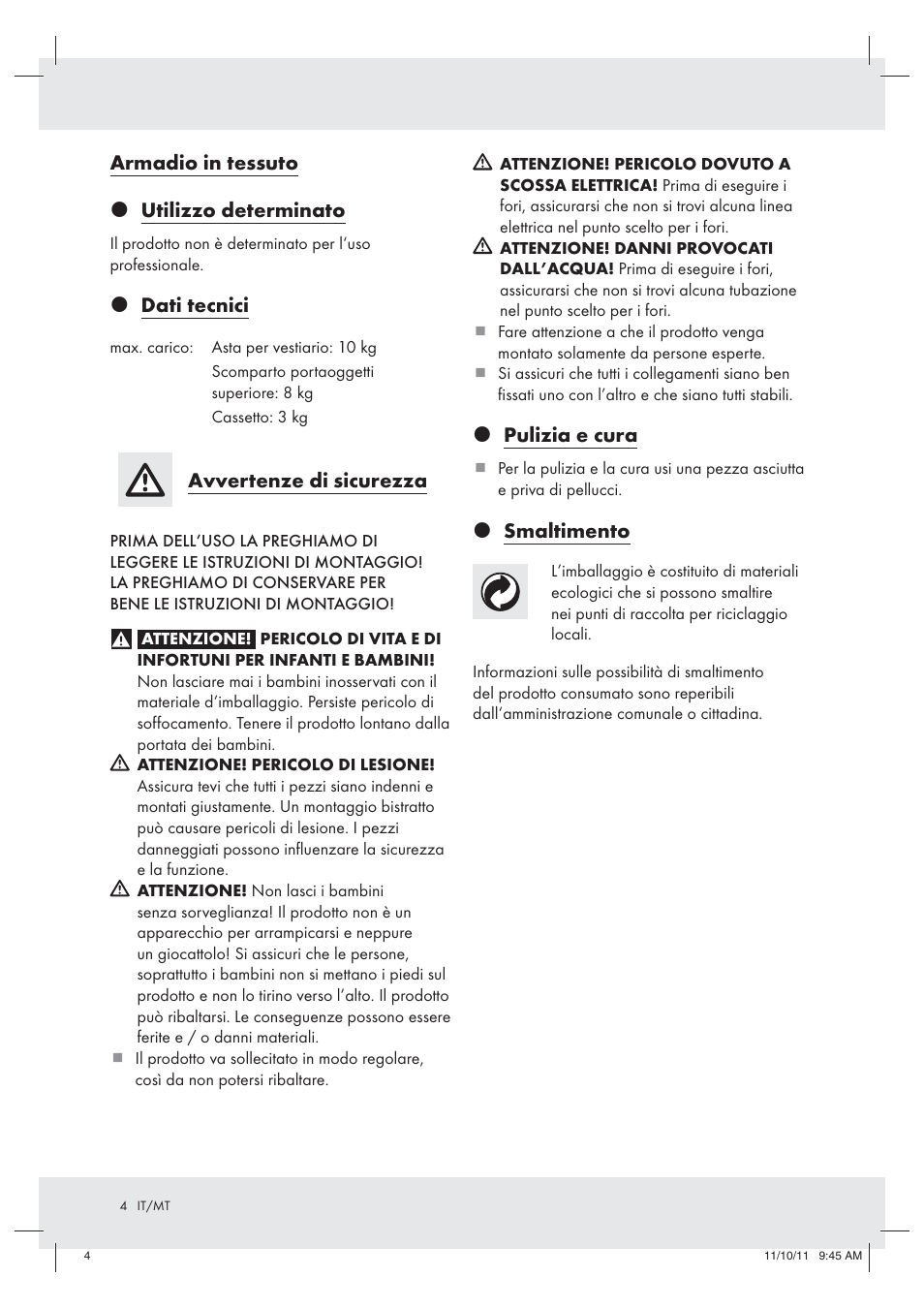 Armadio in tessuto z utilizzo determinato, Z dati tecnici, Avvertenze di sicurezza | Z pulizia e cura, Z smaltimento | Ordex Z29776 User Manual | Page 4 / 9