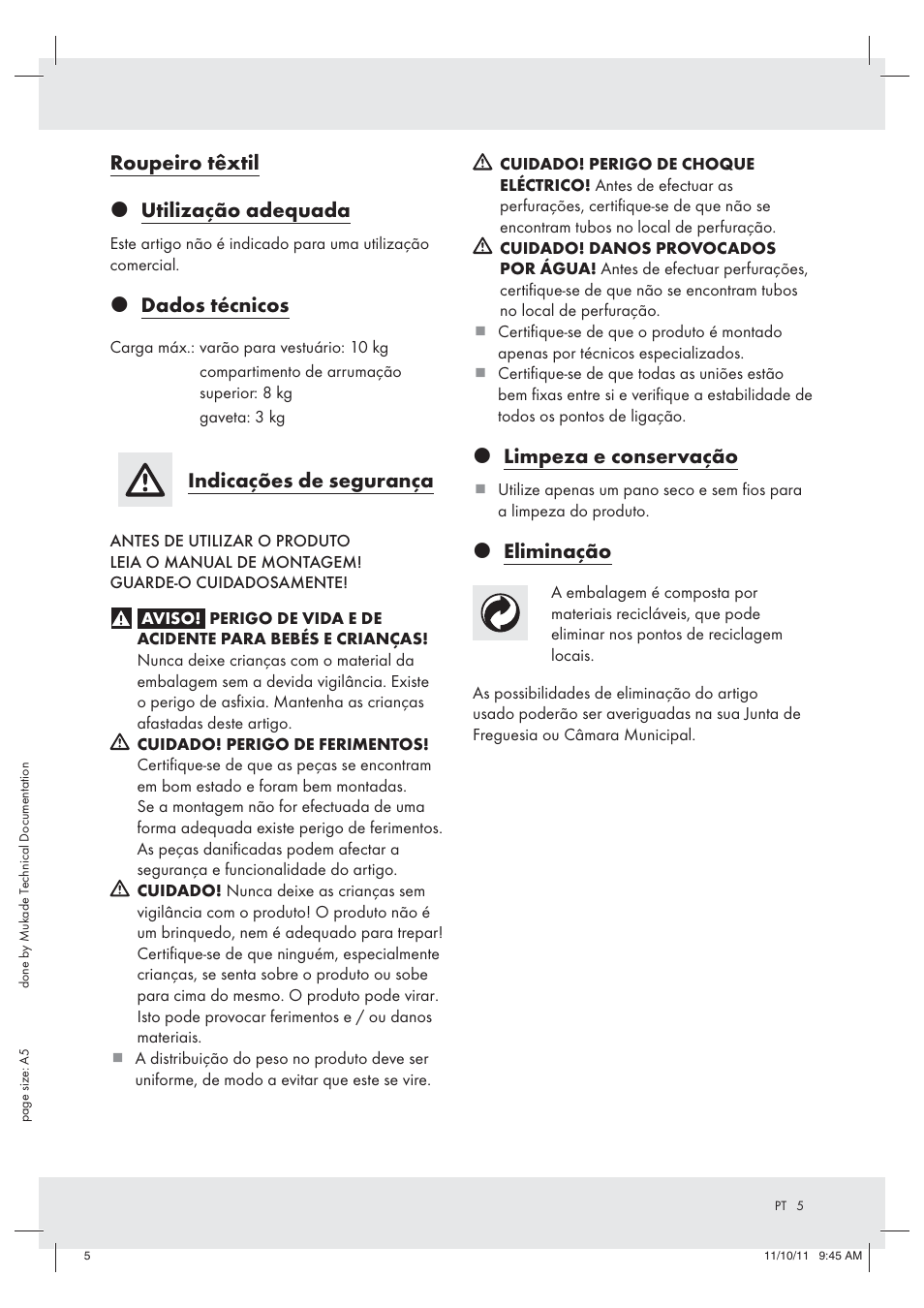 Roupeiro têxtil z utilização adequada, Z dados técnicos, Indicações de segurança | Z limpeza e conservação, Z eliminação | Ordex Z29776 User Manual | Page 5 / 9