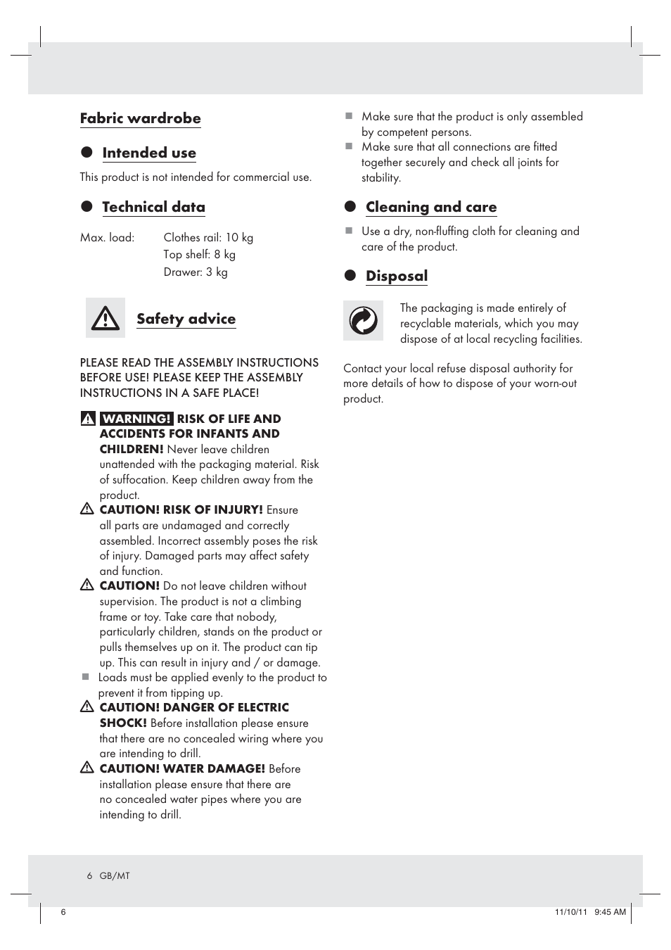 Fabric wardrobe z intended use, Z technical data, Safety advice | Z cleaning and care, Z disposal | Ordex Z29776 User Manual | Page 6 / 9