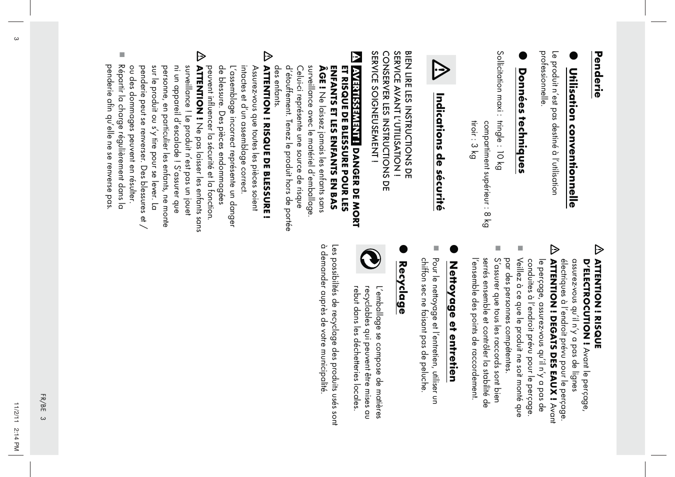 Penderie z utilisation con v entionnelle, Z données t echniq ues, Indications de sécurité | Z n e tt o y age et entr etien, Z recy clage | Ordex Z29776 User Manual | Page 3 / 7