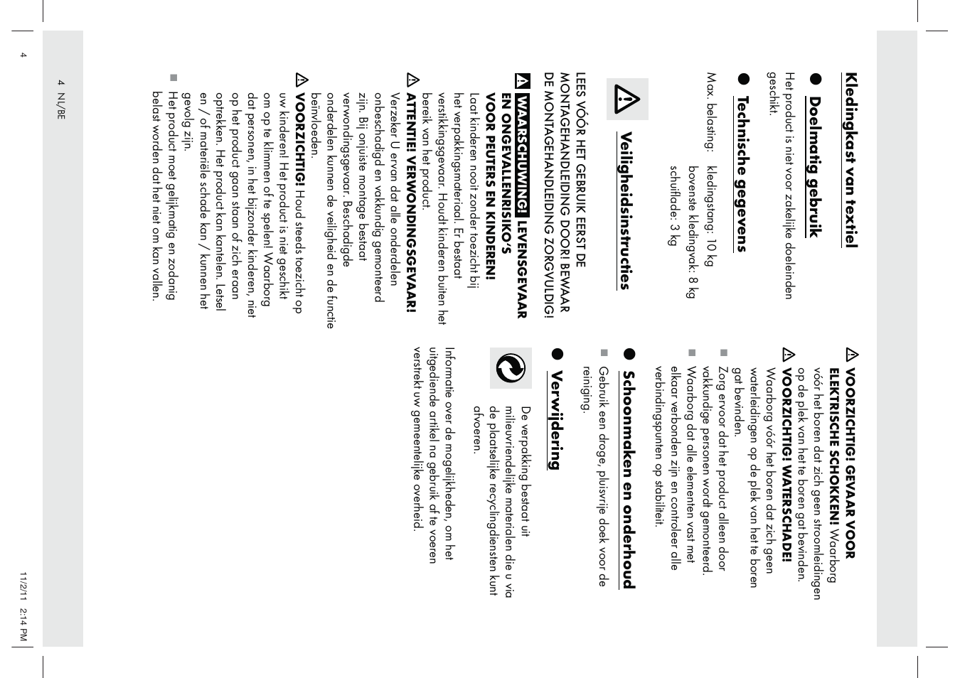 Kledingk as t v an t e xtiel z doelmatig gebruik, Z technische gege v ens, Veiligheidsins tructies | Z schoonmak en en onderhoud, Z v e rw ijdering | Ordex Z29776 User Manual | Page 4 / 7