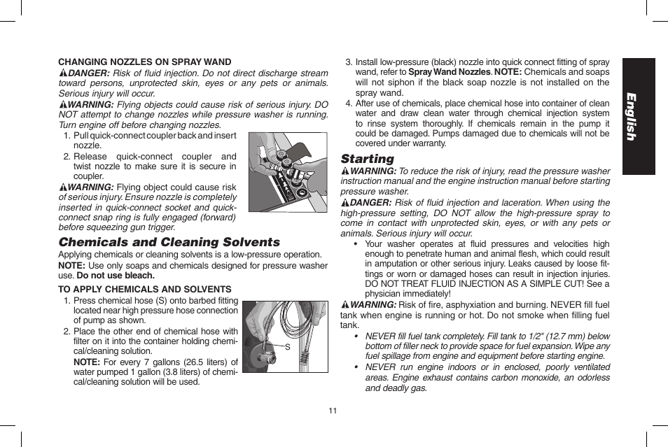 English, Starting, Chemicals and cleaning solvents | DeWalt DPH3100 User Manual | Page 11 / 64
